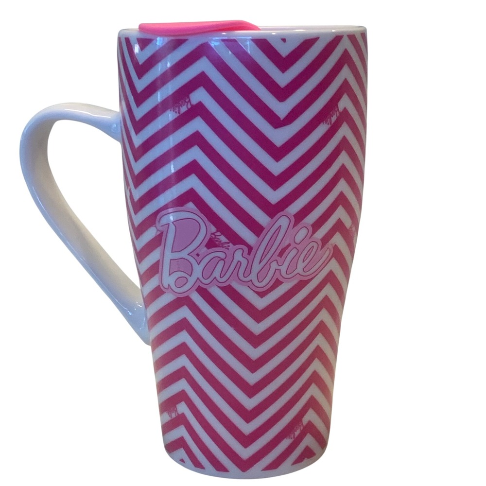 Skinnydip Barbie Travel Mug Women Pink Excellent Chevron Ceramic Coffee Cup
